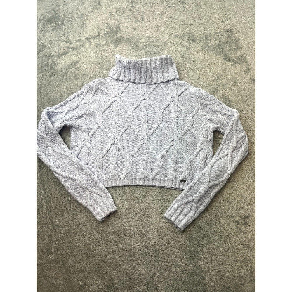Hollister Chunky Cable Knit Cropped Softgirl Sweater Turtle Neck Light Blue XS